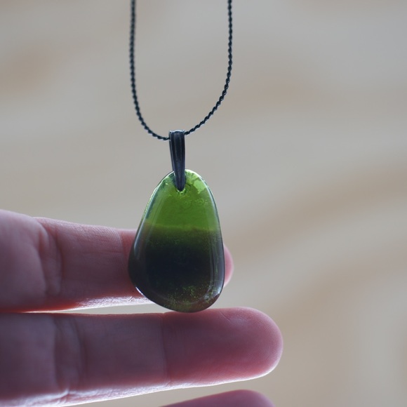 Wine Glass Necklace Green Black Recycled Alcohol Bottle Unique Gift Her Seaglass - Picture 6 of 6
